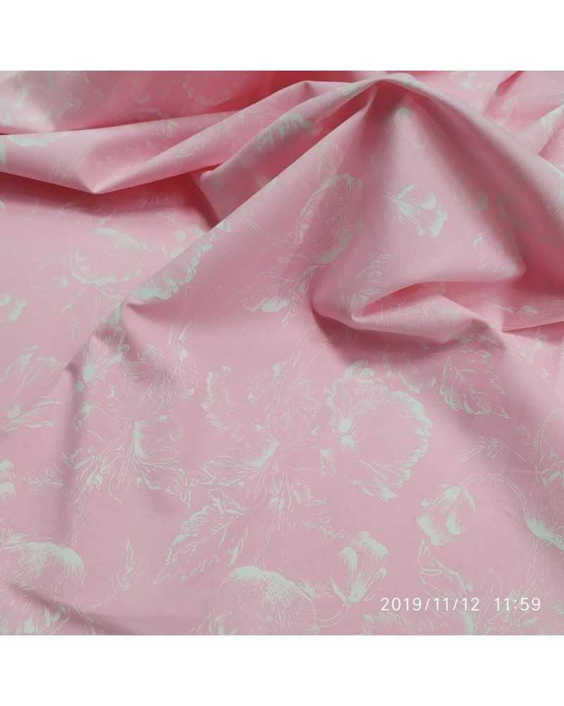 Tessuto Cotone Rosa Stampa Fiore Bianco Alto 150 Cm