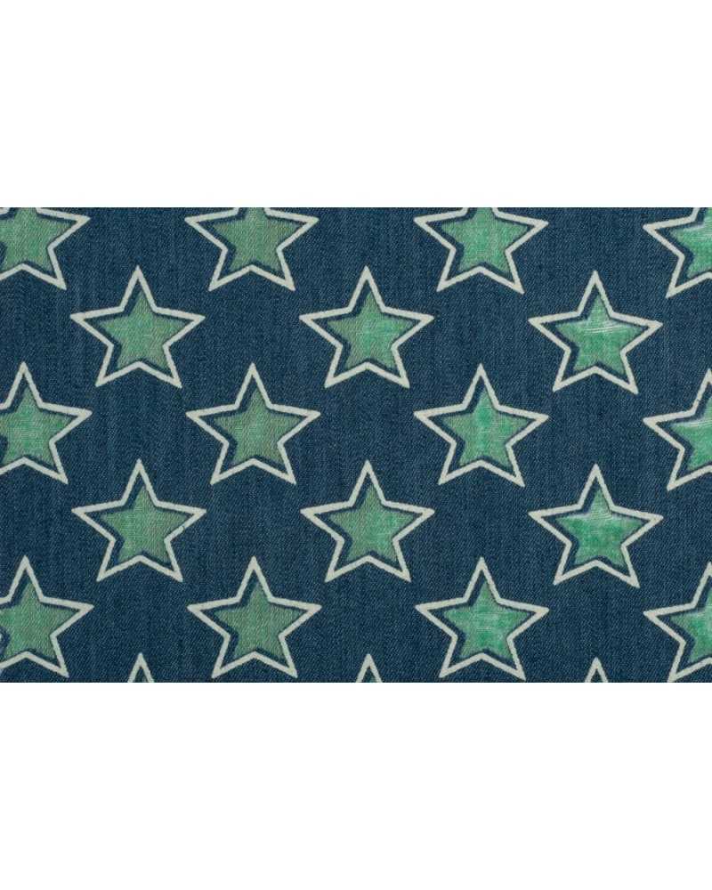 Light Cotton Jeans Fabric Green Star Print 140 Cm High