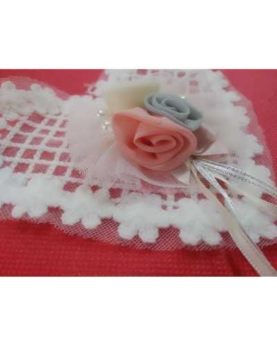 Applicazione Cuore Lana Tulle Fiori Tessuto Alto 13x16 Cm