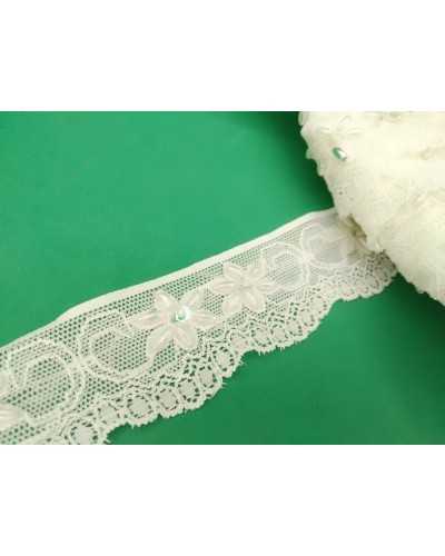 Elastic Lace Tulle Cream Embroidered Scalloped Grains Rice Sequins Bead High 3 Cm