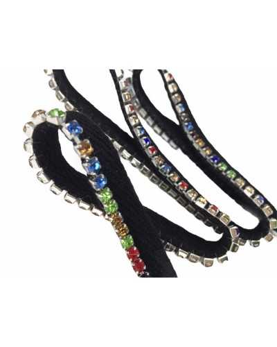 50 Cm Passamaneria Profilo Nero Strass Multicolor Alto 12 Mm