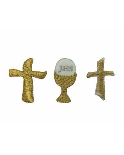 3 Stück Aufnäher zum Aufbügeln Tau Kreuz Kelch Gold Lurex Kreuz hoch 35 mm