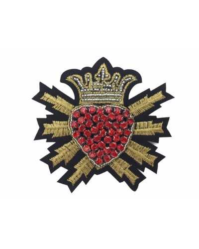 Iron-On Patch Sacred Heart Crown Embroidered Metallic Thread Rhinestone Beads Red Gold Black 9x9 Cm