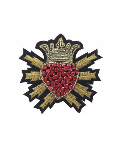 Toppa Patch Termoadesiva Cuore Sacro Corona Ricamata Filo Metallico Strass Perline Rosso Oro Nero 9x9 Cm