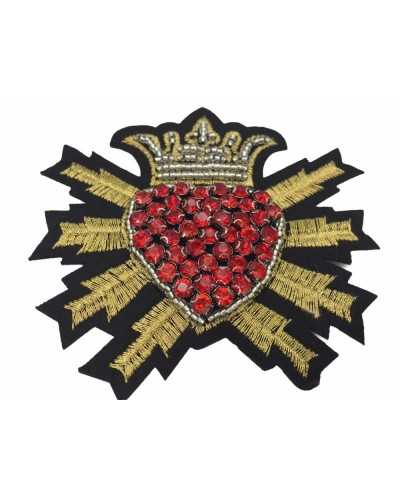 Toppa Patch Termoadesiva Cuore Sacro Corona Ricamata Filo Metallico Strass Perline Rosso Oro Nero 9x9 Cm