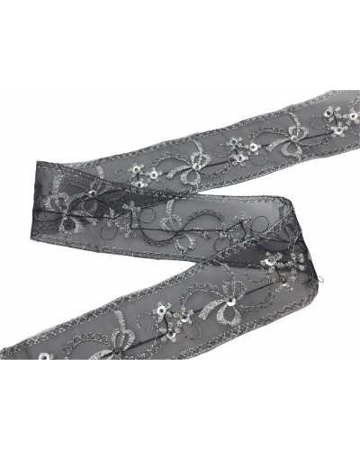 50 Cm Passementerie Cloison Socle Organza Noir Brodé Argent Haut 4 Cm