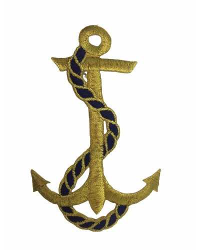 Iron-on Application Patch Anchor Embroidered Gold Lurex Blue Rope 10x6 Cm