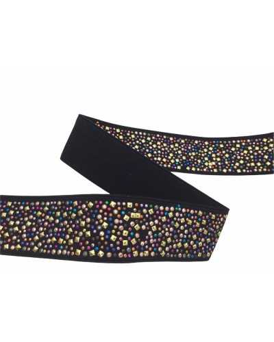 50 Cm Passementerie Élastique Noir Strass Multicolore 4 Cm De Haut