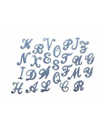 Buchstaben-Alphabet-Stickerei zum Aufbügeln, Satinstich, kursiv, Marbet, hoch, 25 mm, Farbe Hellblau