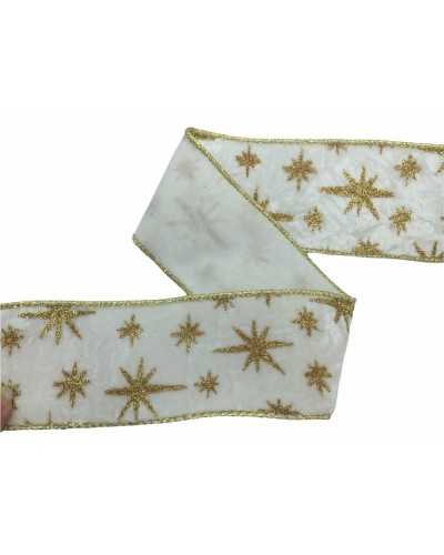 Christmas Ribbon Trimmings Rigid White Chenille Lamè Star Gold 60 Mm High