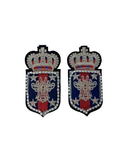 Embroidered Iron-on Patch Red Blue Gray Coat of Arms Crown Strass Sewed 35x75 Mm