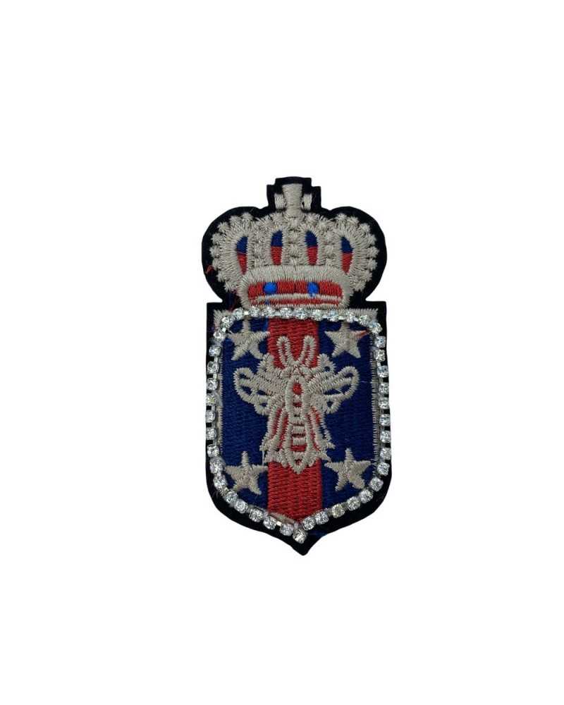 Embroidered Iron-on Patch Red Blue Gray Coat of Arms Crown Strass Sewed 35x75 Mm