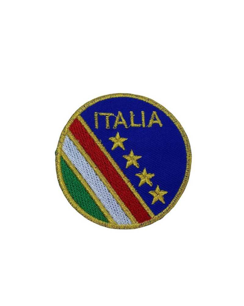 Toppa Patch Termoadesiva Tessuto Ricamato Oro Lurex Tondo Bandiera Scritta  Italia Stelle 65x65 Mm
