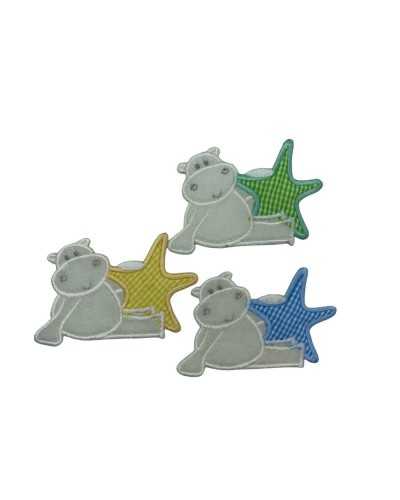 Iron-on Application Patch Star Embroidery Cream Hippo Picture 9x7 Cm