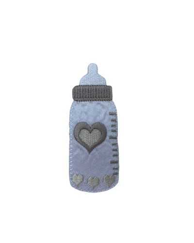 Thermoadhesive Application Baby Bottle Glossy White Satin Beige Heart Embroidery 85x35 Mm