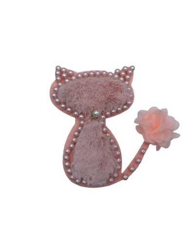 Application Cat Lenci Cloth Pink Fur Pearls Button Jewel Flower Fabric High 16x11 Cm