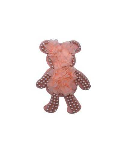 Pink Bear Application Pearls Studded Fabric Flowers High 20x15 Cm