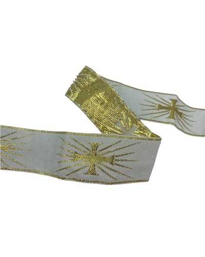 Pasamanería Galón Sagrado Base Blanca Cruz Bordada Hilo Lurex Dorado 5 Cm Alto