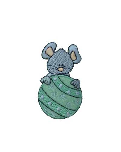 Iron-on Application Patch Gray Mouse Green Sphere 7x4 Cm