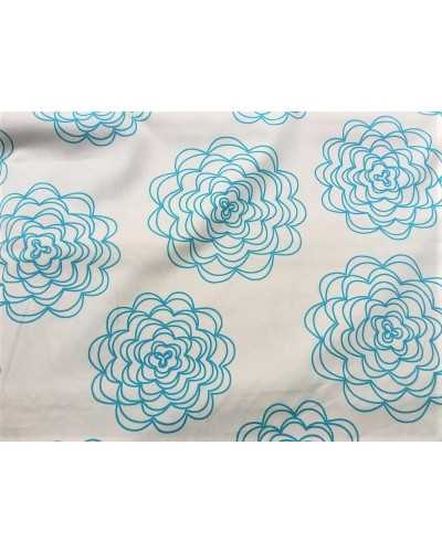 Tissu ameublement satin de coton imprimé négatif et positif hauteur 280 cm turquoise et blanc laiteux