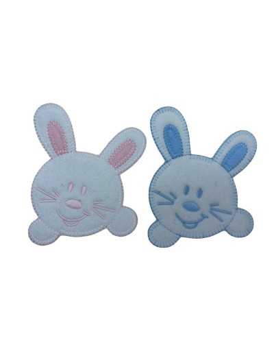Iron-on Patch Baby Rabbit Head Smiling Embroidered Velvet Effect 9x10 Cm