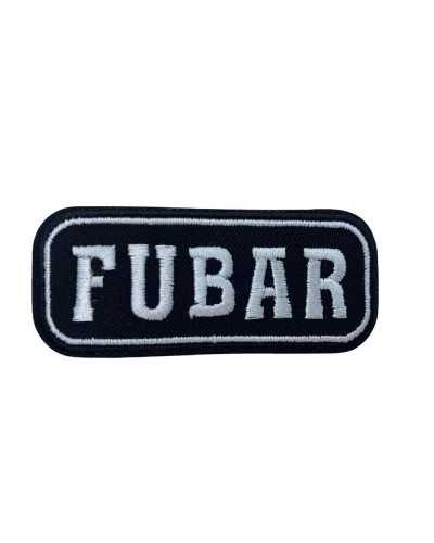 Black Motorcycle Thermoadhesive Patch Application White Embroidery FUBAR Written 8x3 Cm