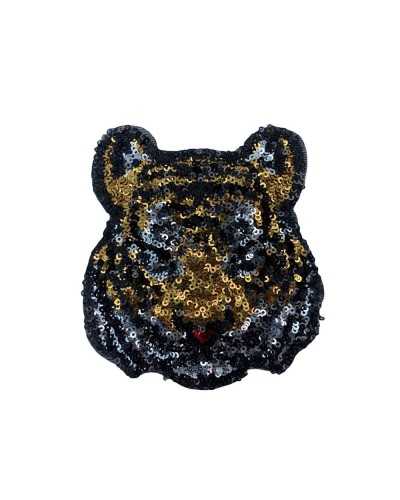 Application Patch Ecusson Thermocollant Tête de Tigre Brodé Micro Paillettes 85x90 Mm