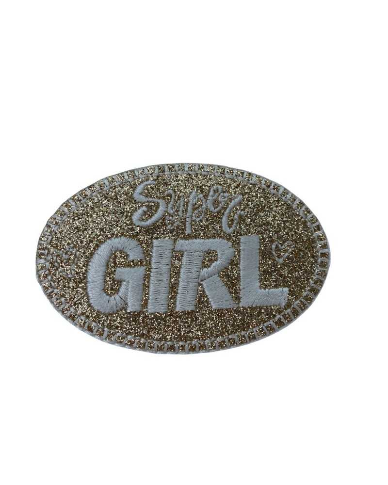 Application Iron-on Patch Glitter Embroidery Super Girl Written 70x45 Mm