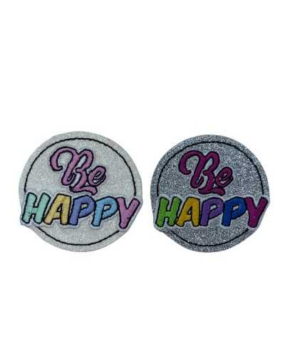 BE HAPPY Glitter Round Embroidery Iron-on Patch Application 5x5 Cm