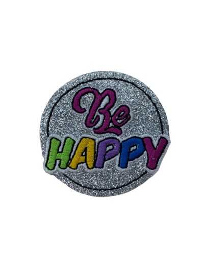 BE HAPPY Glitter Round Embroidery Iron-on Patch Application 5x5 Cm