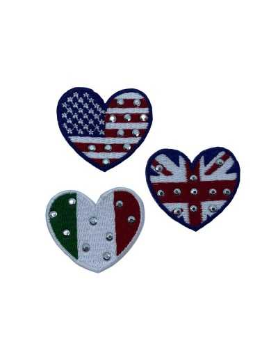 Application Iron-on Patch Silver Rhinestone Heart Embroidered Flag 35x30 Mm