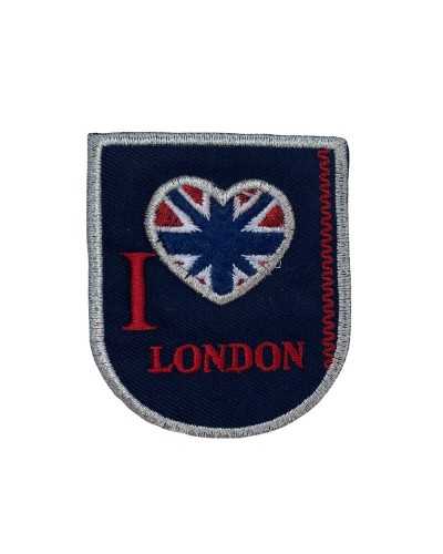 Application Thermoadhésive Bouclier Blason Écrit Bleu Londres Broderie Argent Lurex 60x65 Mm