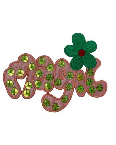 Anwendung Aufnäher zum Aufbügeln, Stickerei, grüne Blume, geschrieben mit MAGIC-Pailletten, 70 x 55 mm