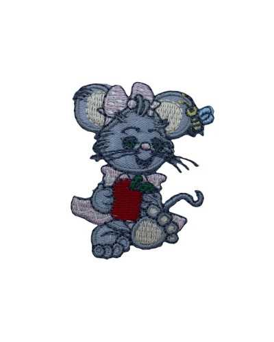 Aplicación Parche Mickey Mouse Lazo Rosa Gris Satén Bordado Manzana 5x4 Cm