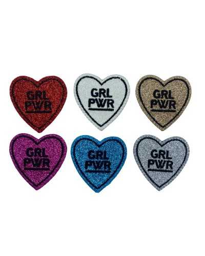Application Iron-on Patch Glitter Heart Embroidery GRL PWR Written 45x50 Mm