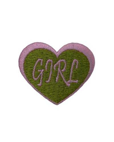 Applikation Stickerei Herz Aufschrift Mädchen Rosa Grün Aufnäher zum Aufbügeln 4x3 cm
