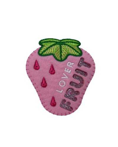 Thermoadhesive Application Patch Strawberry Pink Embroidery Written Lover Fruit 6x6 Cm