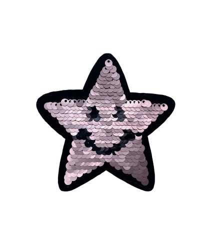 Iron-on Patch Smiling Star Reversible Sequins Pink Silver 9x9 Cm