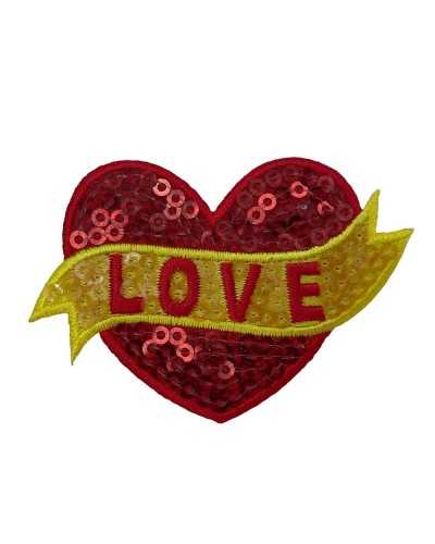 Thermo-adhesive patch marbet sequins red and yellow love heart embroidery 45x65 mm