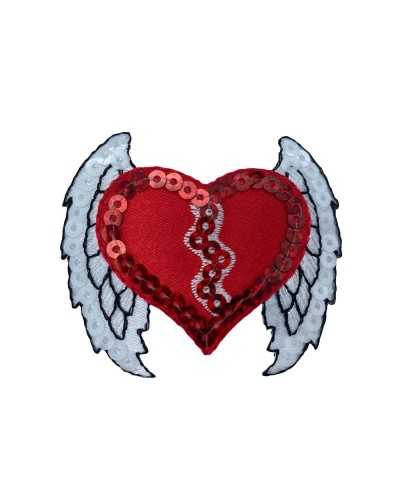 Thermoadhesive Application Patch Marbet Sequins Embroidery Heart Wings Red White Black 65x50 Mm