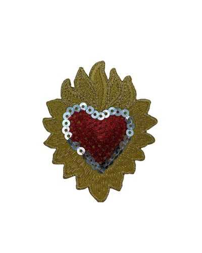 Patch marbet thermocollant brodé de sequins COEUR rouge avec flamme or 55x70 mm