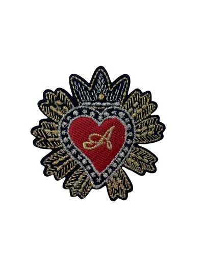 Thermoklebender Marbet-Patch, bestickt, rotes Herz, heiliges Silber und Goldfaden mit Krone, 55 x 55 mm