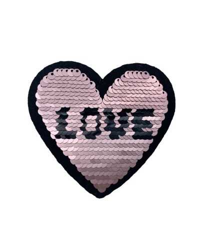 Iron-on patch heart in sequins written love black reversible pink and silver 85x80 mm