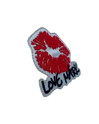 Thermoadhesive application embroidered patch marbet lips kiss love mark red black and white 45x45 mm