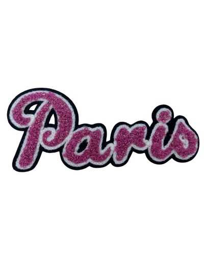 Thermoadhesive Application Patch Marbet Embroidery Paris Written Wool Lurex Thread Pink White Black 11x5 Cm