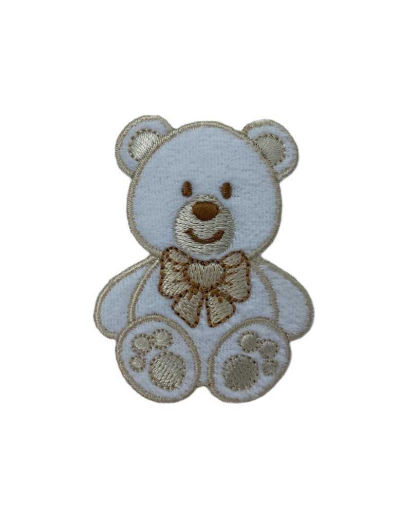 Thermoadhesive Application Marbet Patch Embroidered Baby Velvet White Base Teddy Bear Heart Bow 145x105 Mm