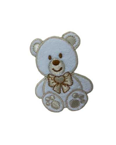 Thermoadhesive Application Patch Marbet Embroidery Baby Velvet White Base Teddy Bear Heart Bow 55x40 Mm