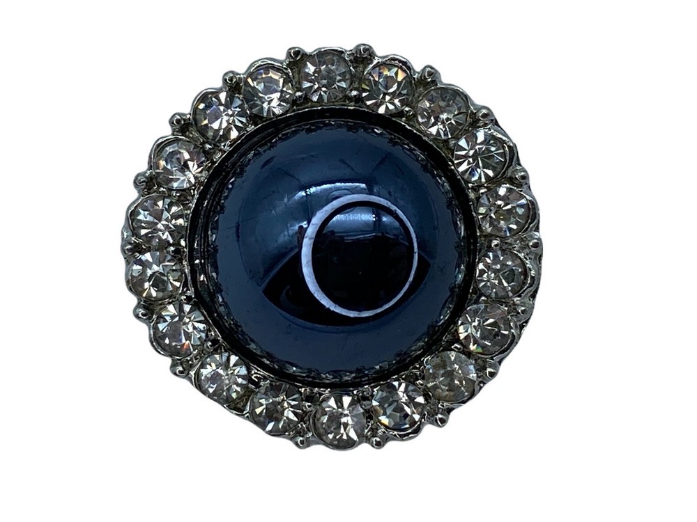 Bottone Gioiello Bombato Corona Strass Alluminio Argento Gambo Perla Blu 18  Mm