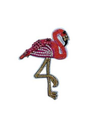 Application Iron-on Patch Pink Flamingo Embroidered Rhinestone Beads 15x9.5 Cm
