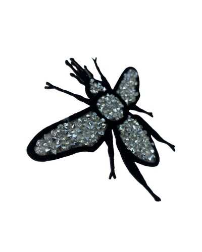 Iron-on Application Patch Fly Design Black Silver Rhinestones 10 Cm